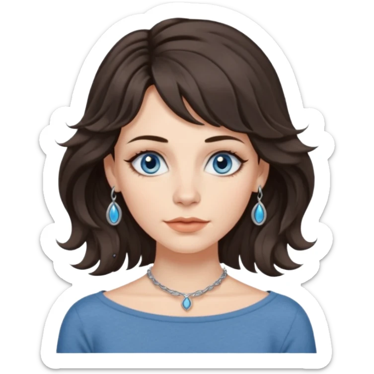 emoji of a woman with long wavy brunette shag haircut, blue-grey eyes, boatneck top, septum piercing sticker