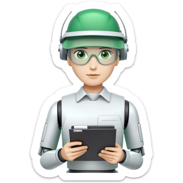 human like robot bookkeeper wearing an Green eyeshade dealer's visor  and holding spreadsheets sticker