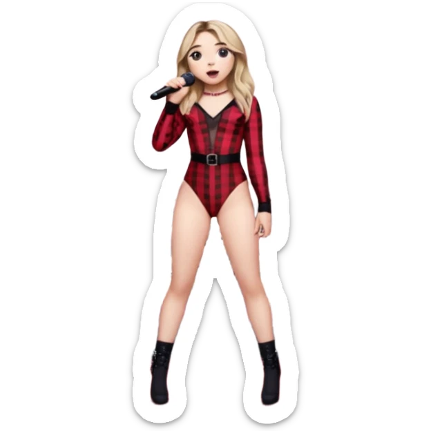 Sabrina carpenter singing at concert wearing a black and red plaid bodysuit  with red sheer top over it with huge crowd and light pink stage setting  sticker