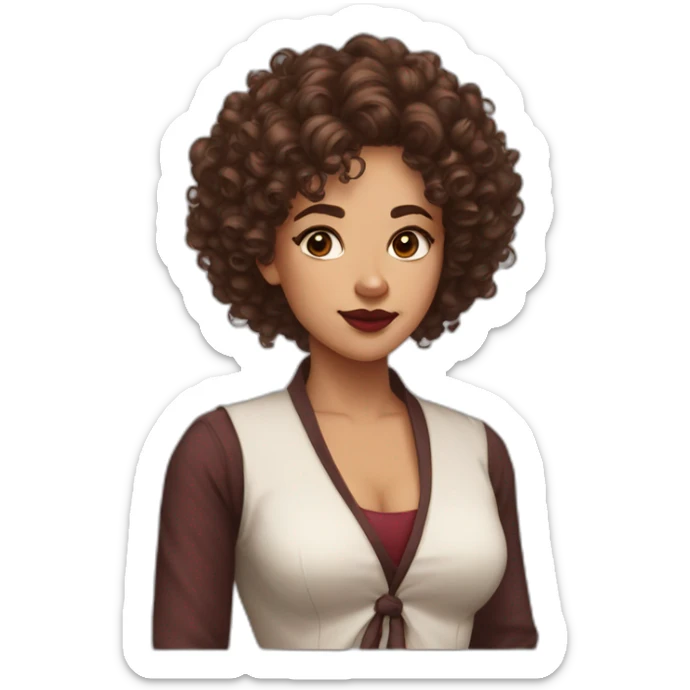 Woman, curly hair, tied up, brown eyes, marsala lipstick, professora sticker