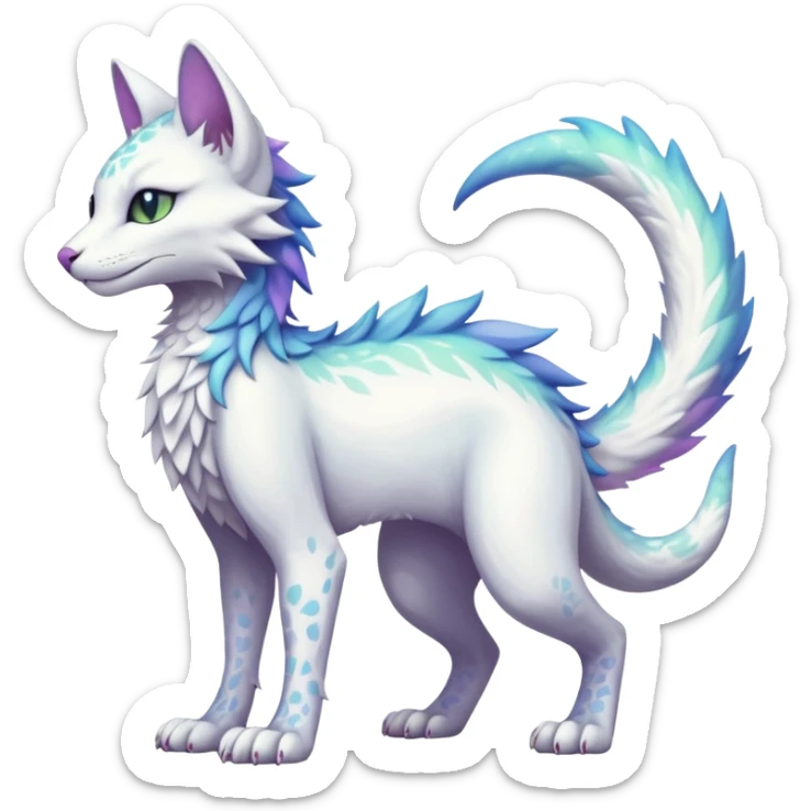 Kawaii white iridescent edgy fantasy feline-vernid-sergal-fursona animal creature with a tufted tail full body with intricate markings  sticker