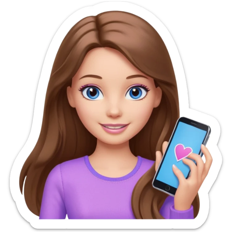 beautiful barbie girl with long brown hair, blue eyes and wearing light purple clothes playing games sticker