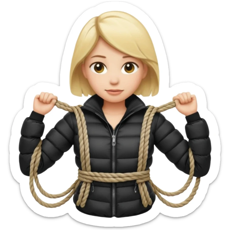 blond female emoji wearing a black down jacket, arms behind the back and ropes tying it sticker