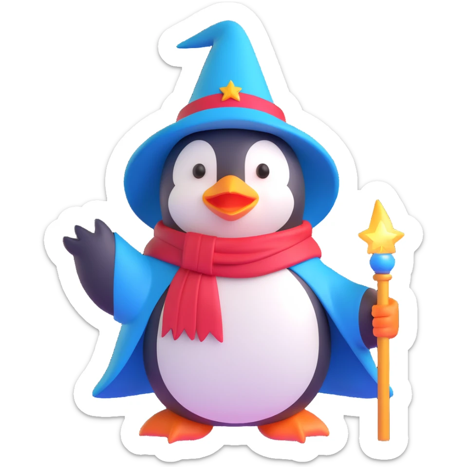 3D emoji of a penguin wearing a wizard hat and cape, holding a glowing wand sticker