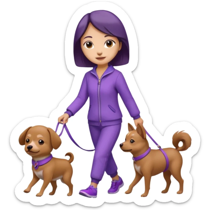 Chinese woman wearing purple outfit walking one small brown dog sticker