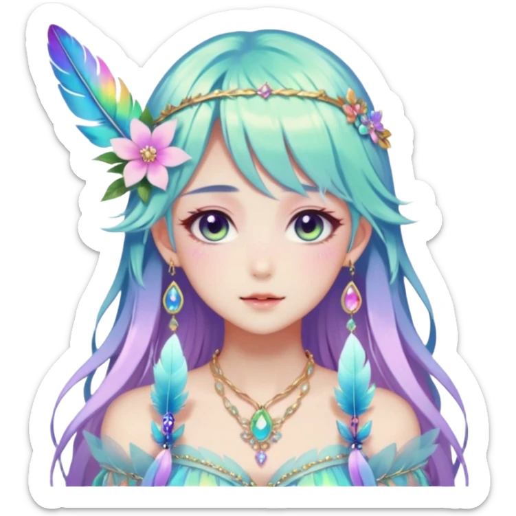 Beautiful gorgeous anime lady with beautiful iridescent-special-hair, fashion aesthetic, ethereal, fairycore, pastelcore, feather, flower, gems, accessories, jewelries, gold, colorful sticker