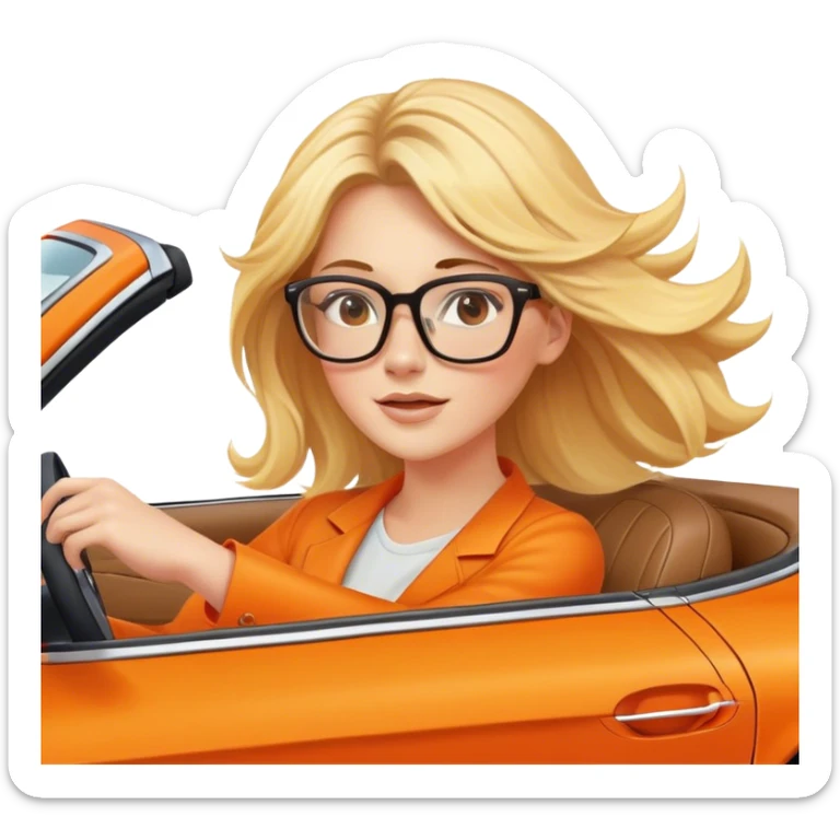 Cinematic realistic blonde with glasses, driving an orange Mercedes car, her hair fluttering slightly in the wind sticker