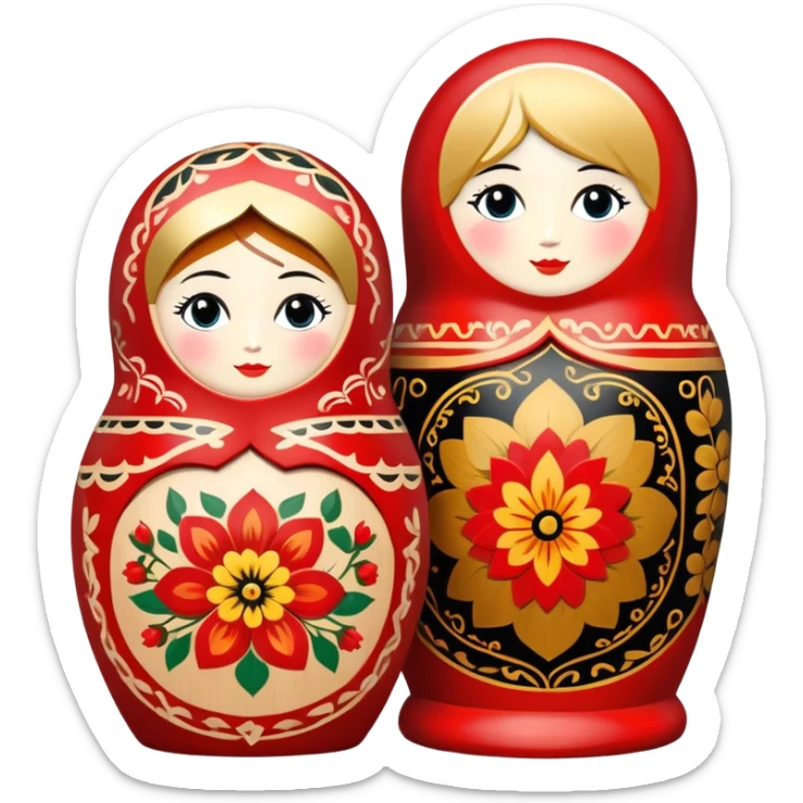 Wood painting icon, painted wooden matryoshkas (nesting dolls) of various sizes, vase, small wooden box, visible carving tools, paintbrushes, traditional patterns in bright colors like red, gold, and black, no finished artwork, just the crafting process, minimalistic style, clean lines, transparent background. sticker