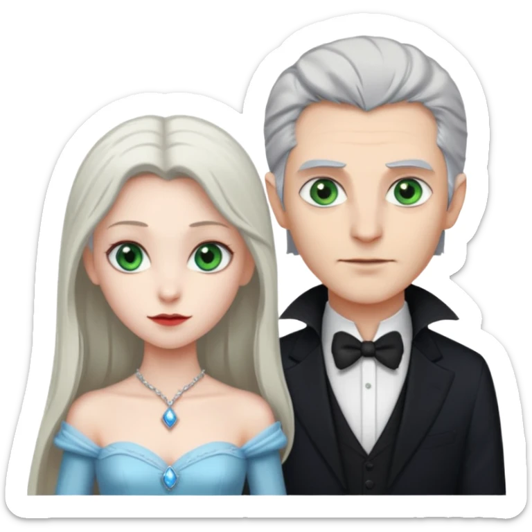 A tall vampire man with gray hair and blue eyes standing by a princess with light brown hair and green eyes sticker