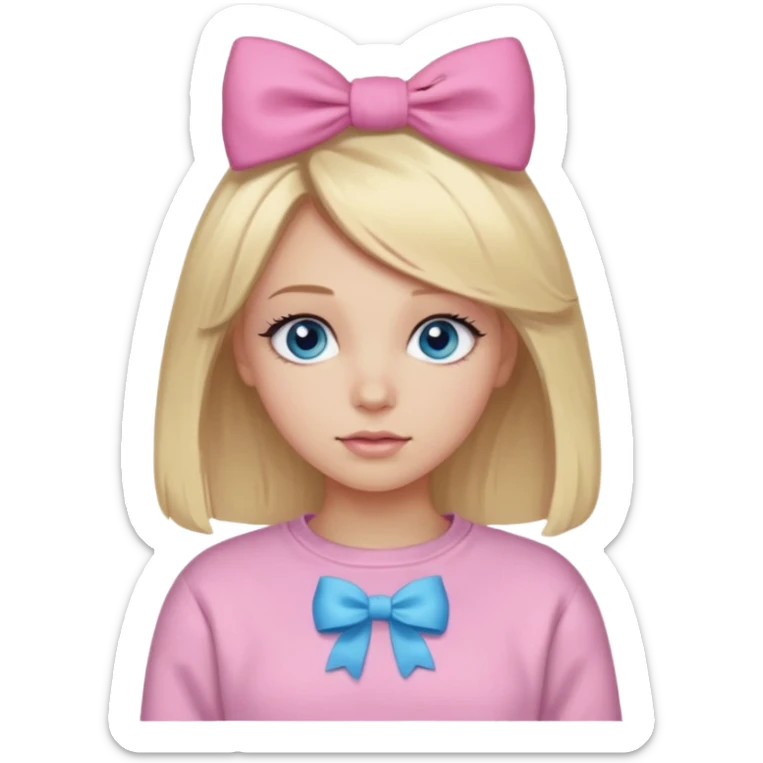 Emoji blonde girl with blue eyes and she has a very soft sweatshirt, she also has a pink bow in her hair and beautiful long eyelashes sticker