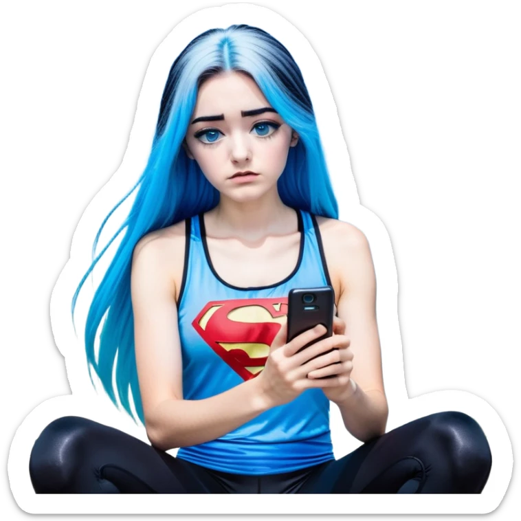 Shameful disappointed crying-very very very very big chest-texting on a samsung cell phone-very long straight flowing black to sky blue hair ombre-blue eyes-black eyeliner-long eyelashes-plastic sparkling sky blue very low cut tank top with sparkling superman logo-black leggings-nike sneakers sticker