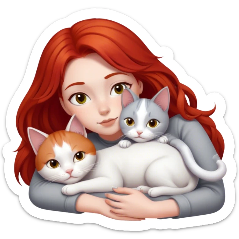 Girl with red hair laying down cuddling grey and white cat  sticker