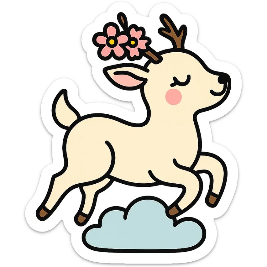 feminine adult vanilla cloud doe with rosy cheeks and cherry flowers, floating gracefully, minimalist style, brand identity, social media sticker