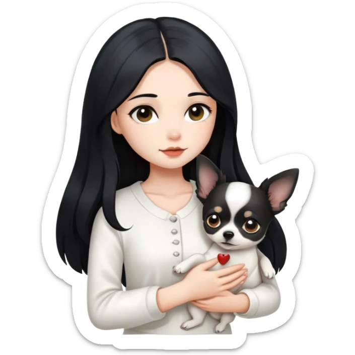 A girl with fair skin, long black hair, white clothes, gently tilting her head, holding a black Chihuahua tightly with both hands sticker
