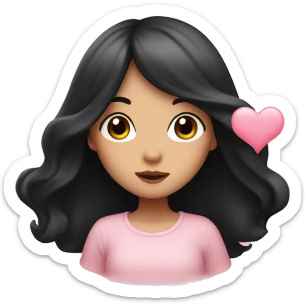 a girl with long black hair blowing a kiss to a light pink heart sticker