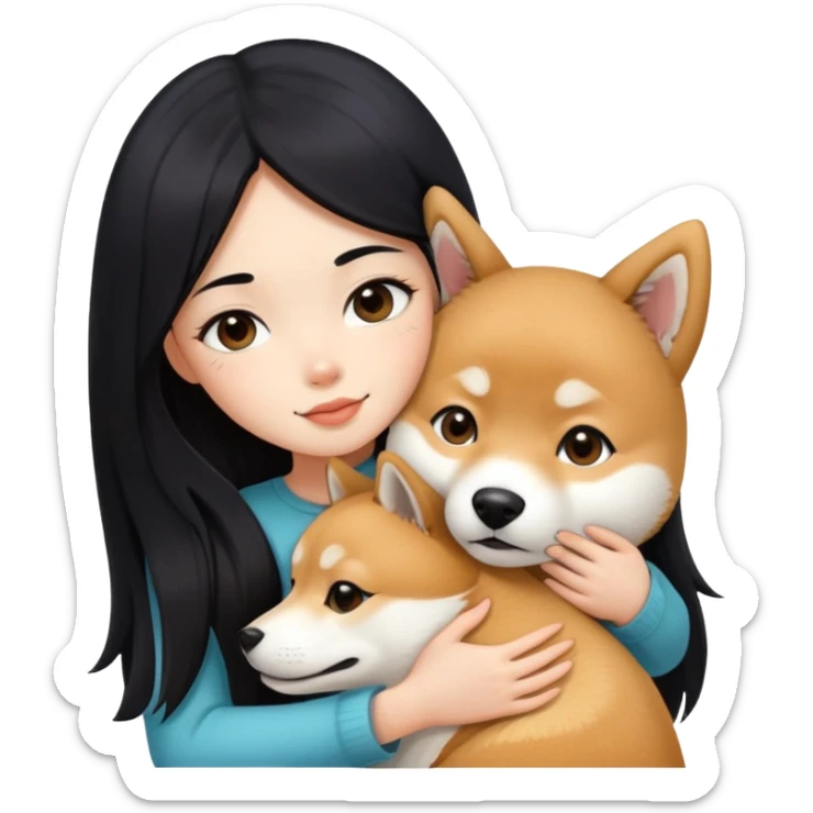 A beautiful girl with long black hair hugs a Shiba Lnu sticker