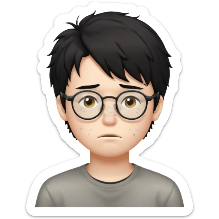 
young boy, 16 years old, messy black hair, glasses, sad face emoji sticker