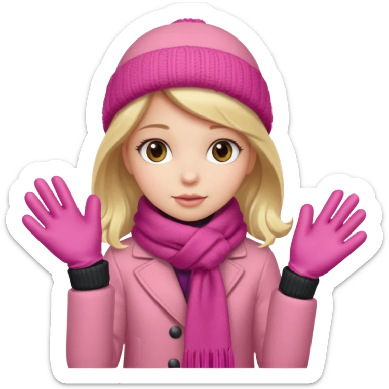 The girl is wearing a warm pink winter coat and a pair of woolen gloves. sticker