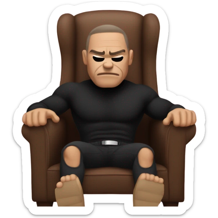 muscle man in black turtleneck shirt and black pants sitting in chair with head down sticker