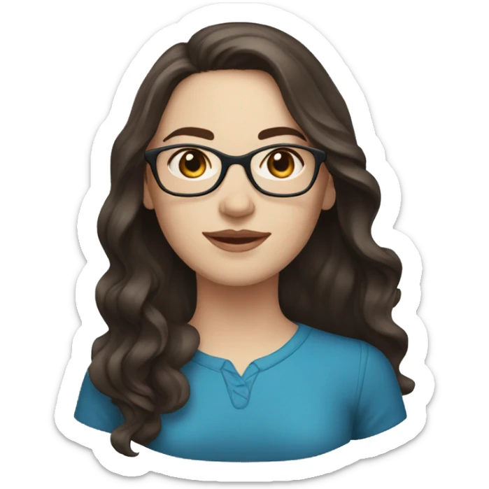 woman with pale skin, long dark brown wavy hair, blue eyes and glasses sticker