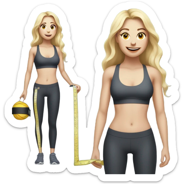 Woman, white skin, pale skin, long hair, blonde hair, wavy hair, standing, sports bra, leggings, tape measure around waste sticker