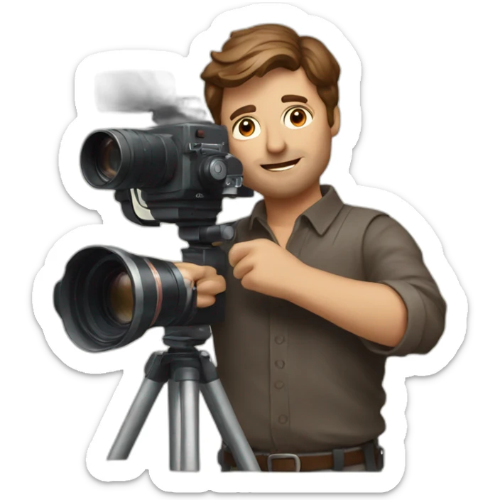 European film director with brown piled short hair holding a cinema camera sticker