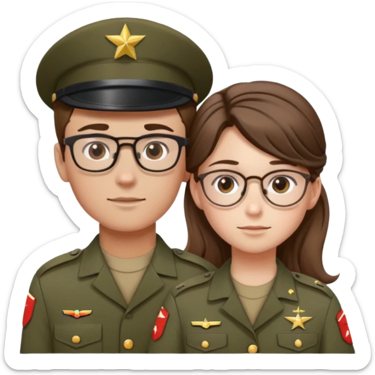 A teen boy with wavy brown hair covering his forehead head with glasses and wearing an army uniform holding hands with a girl with brown hair in a slick back ponytail and freckles with hazel eyes and nice eyelashes also in a army uniform  sticker