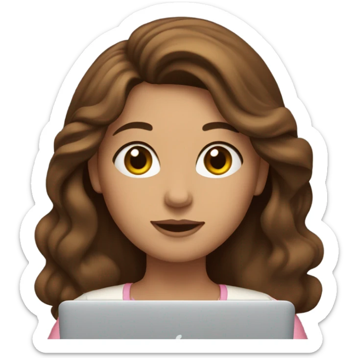 a woman with brown long wavy hair and brown eyes and white skin with macbook sticker