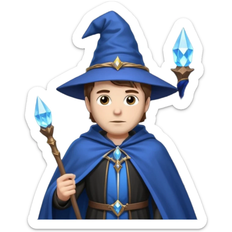 A white-skinned man with brown hair stands in sharp black clothing. He wears a pointed wizard hat and cape, holding a wooden staff crowned with a glowing blue crystal. His calm expression and steady posture suggest quiet mastery and a blend of magic, mystery, and modern elegance. sticker