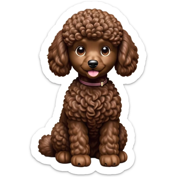 cinematic-[poodle]-realistic-full-body-sitting-emoji,-tail-resting-loosely-beside-its-paws,-head-tilted-dramatically, -curly-[chocolate]-fur,-simplified-yet-realistic-focused-features,-highly-detailed,-glowing-with-an-almost-sarcastic-glow sticker