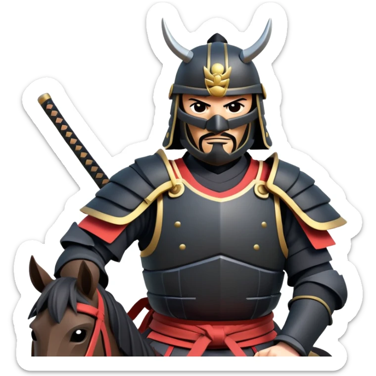 clash-of-clans-aesthetic_-cinematic-fearsome-and-majestic-samurai-bust-portrait-emoji, rendered in a flat, vector-style with minimal shading and bold, simplified shapes typical of emoji art, depicting a battle-hardened samurai with black mask and traditional black Japanese armor. The samurai is riding a noble grey warhorse adorned with an intricately designed saddle and fluttering banners and a rising sun. a samurai on a   horse sticker