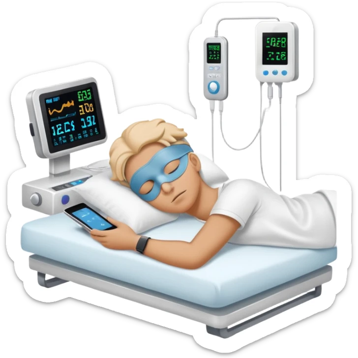 Sleep laboratory with sleep monitoring equipment, bed with person sleeping, brain wave monitors sticker