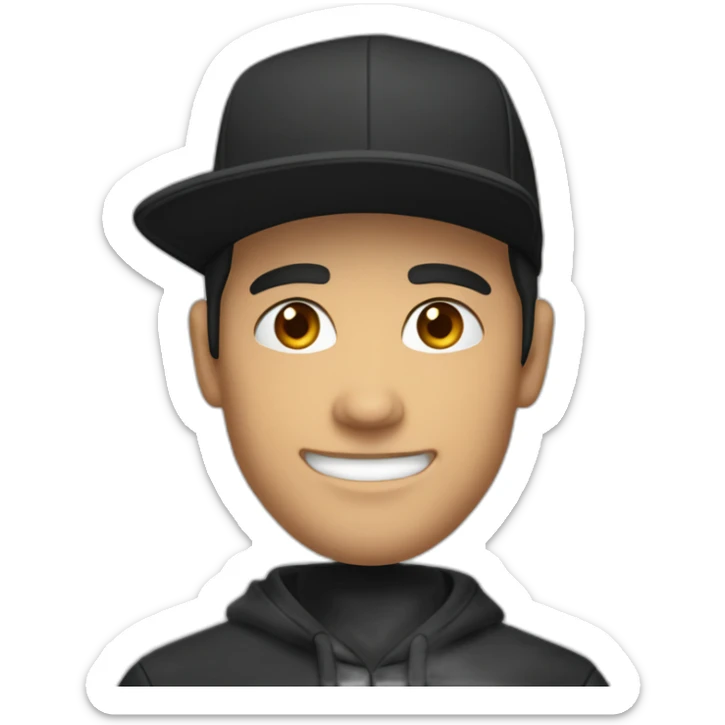 Strong smiling Male caucasian Designer With black hair wearing flat bill hat and black hoodie sticker