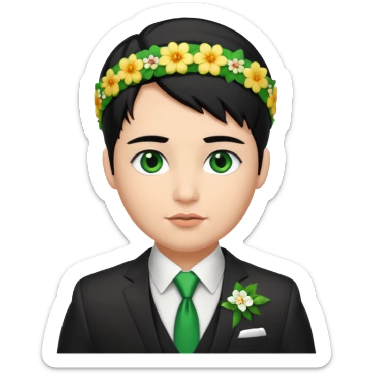 black haired green eyes very plump lips and floral headband that makes his hair look behind nicole peltz at wedding sticker