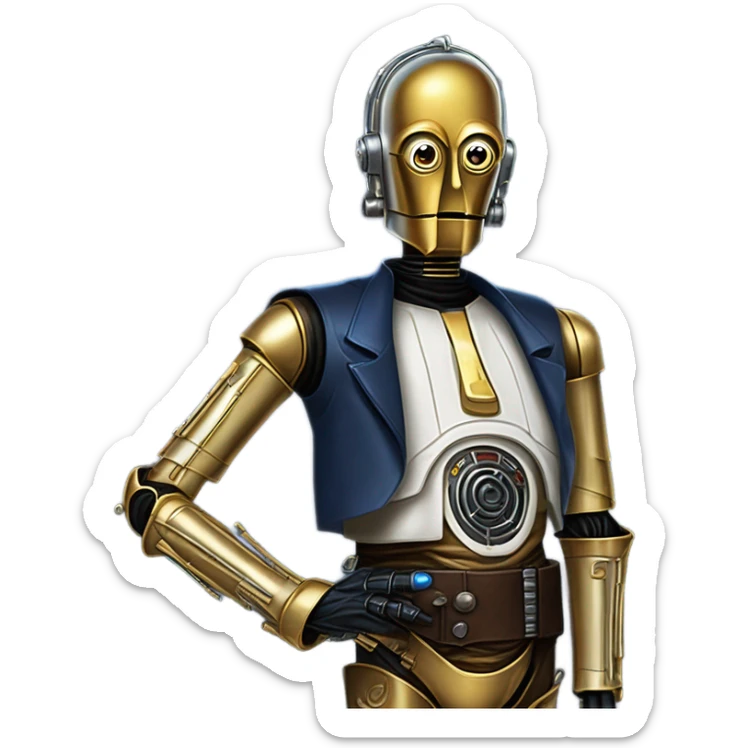 tarnished undercover tough well-equipped Jedi  life-sized darkblue-pearl C3po as a friendly droid wearing a leather clothing old west duster coat holding light saber  sticker