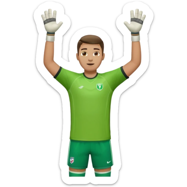 goalkeeper, standing, wearing a green shirt, shorts, socks and football trainers, with arms raised sticker