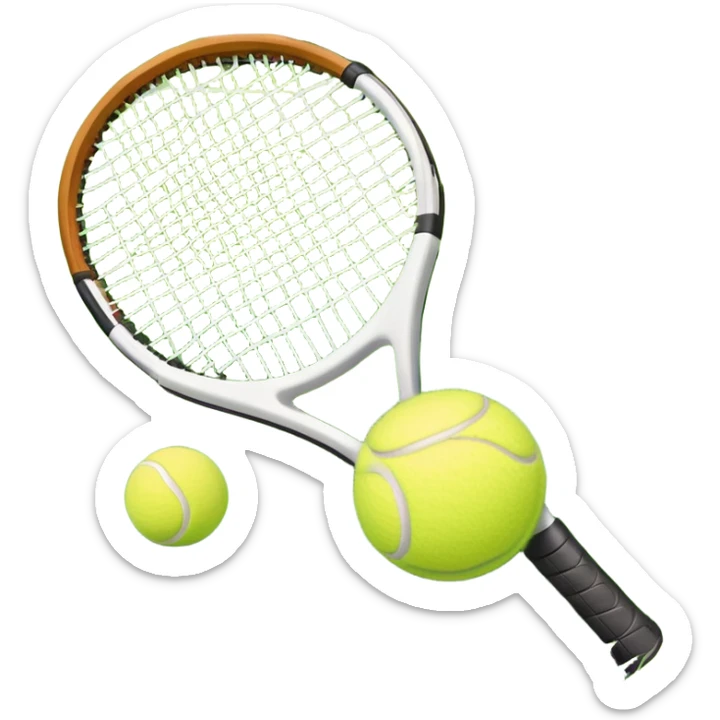 A tennis racket and a ball placed on a grassy court, with the net visible in the background. The scene captures the elegance and energy of the sport, with a vibrant green court and soft sunlight highlighting the equipment. sticker