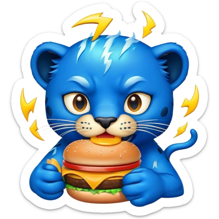 A burger with blue glue with a panther that is blue with lightning coming out of his eyes eating the burger sticker
