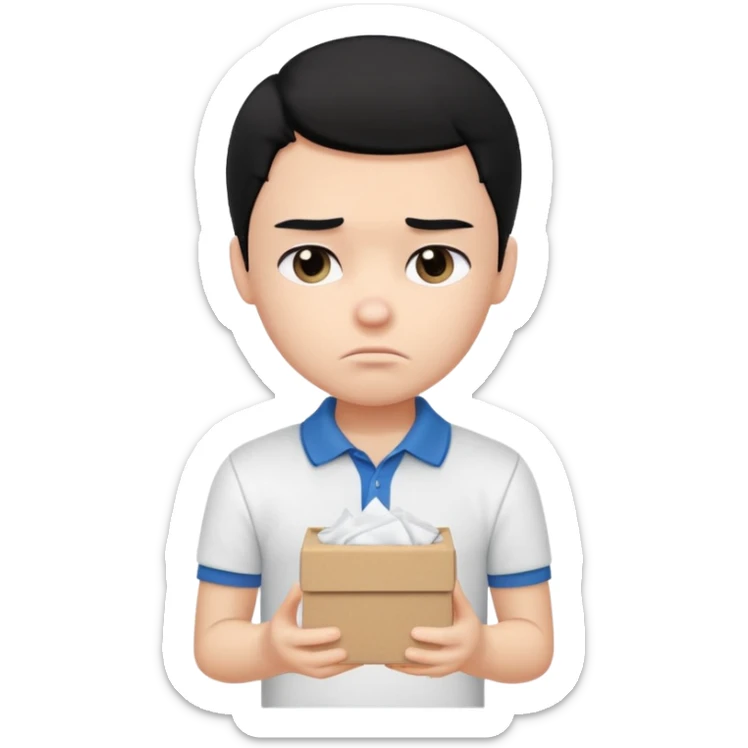 generate a pretty bratz boy with black hair, wearing a plain white polo shirt. Looking sad, holding a box of tissues in his right hand sticker