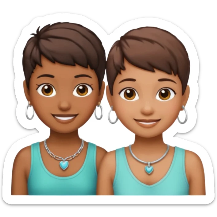 Do two best friend emojis one brown skin one fair skin with pixie cuts with hoop earrings and necklace sticker