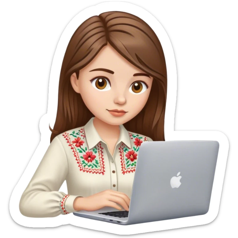 A Ukrainian girl with brown hair in an embroidered shirt works at her laptop sticker