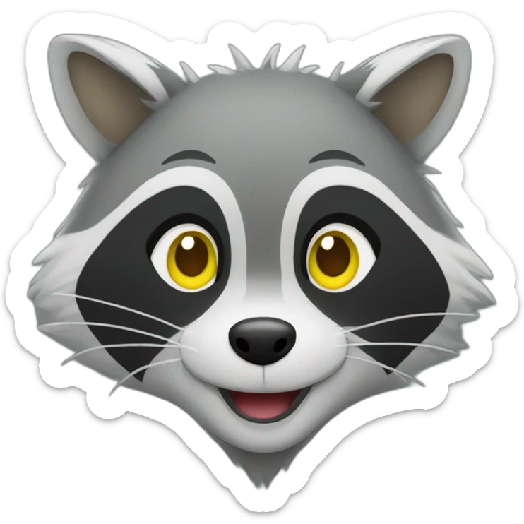 gray raccoon with yellow eyes and a green hood that smiles sticker