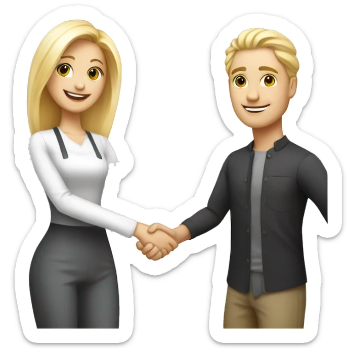 adult restaurant owner with white skin and blogger with white skin and blonde hair shaking hands in full height sticker