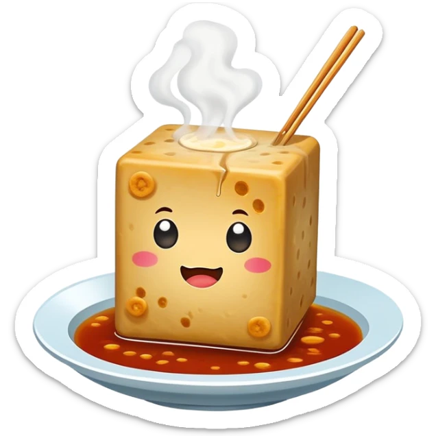 Changsha Stinky Tofu with visible steam and sauce, simplified emoji style with bold outlines and bright colors, cartoon style famous fermented snack sticker