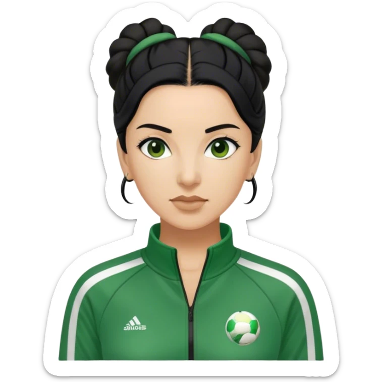 Cha: Age Late 40s, a Asian old woman with black hair tie, Green player tracksuit sticker