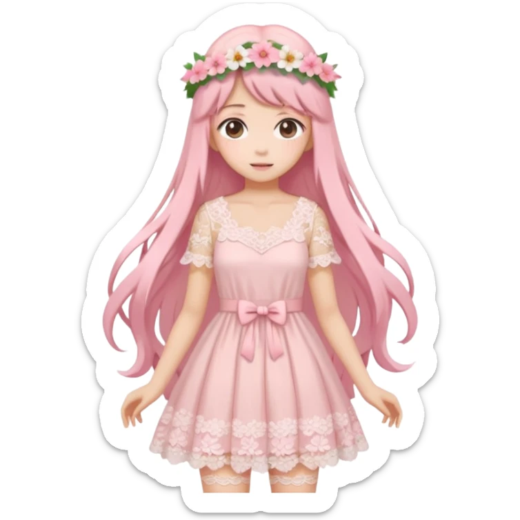 pastel anime woman with pink and white lace dress full body and long hair with flower crown sticker
