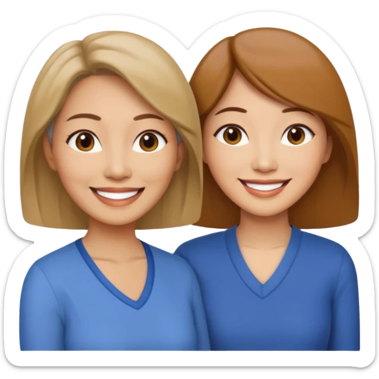 Middle aged light brown skinned woman beside a middle aged asian woman smiling looking young sticker