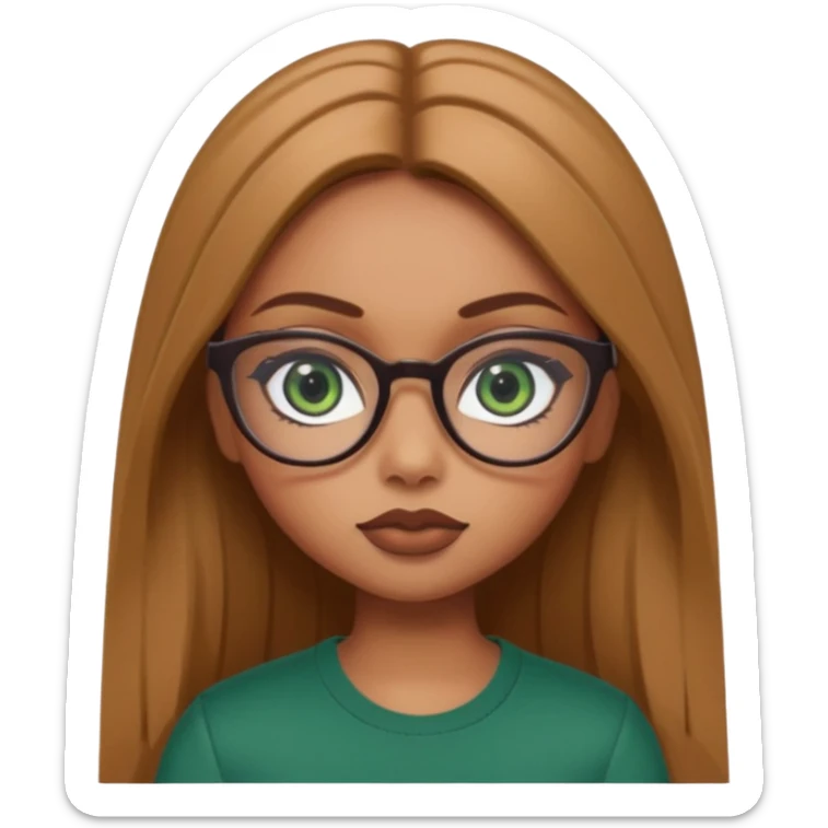 pretty bratz baddie, light brown straight hair, dark green eyes, glasses, pretty eyeliner sticker