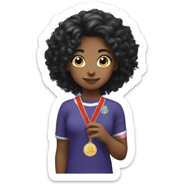 A girl with curly black hair with a medal that says worlds okayest sticker