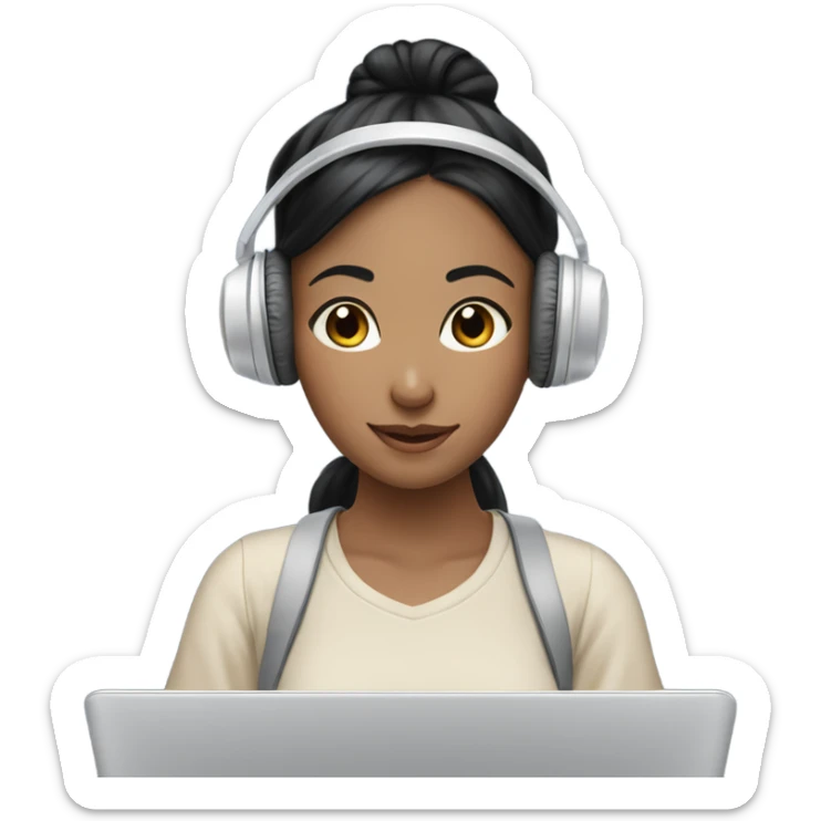 a girl with laptop with a bun hair, headphone, clouds and light bulbs in background, has asian skin tone and black hair color sticker